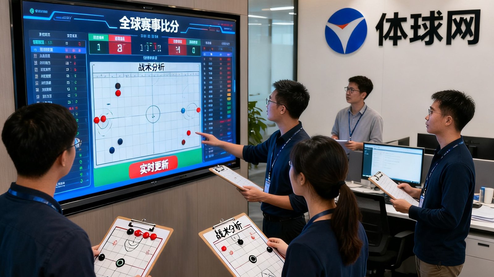 体球网深圳总部办公室，数据大屏实时显示全球赛事比分，团队正在讨论战术分析内容