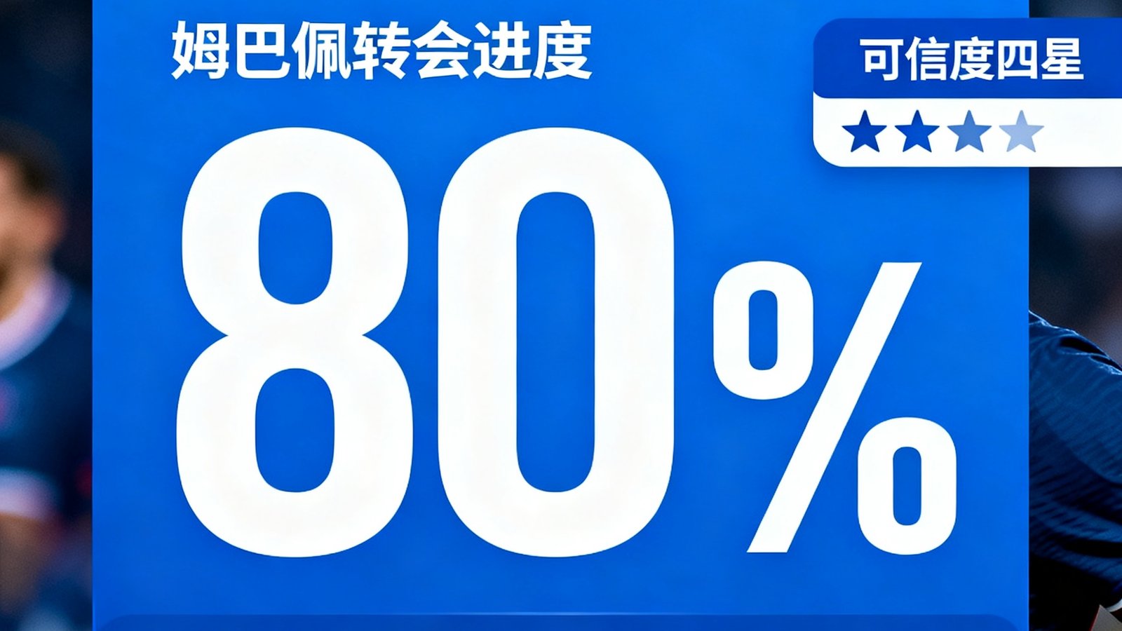 体球网转会中心显示姆巴佩转会进度80%，可信度四星，附带流言来源与官方确认标记