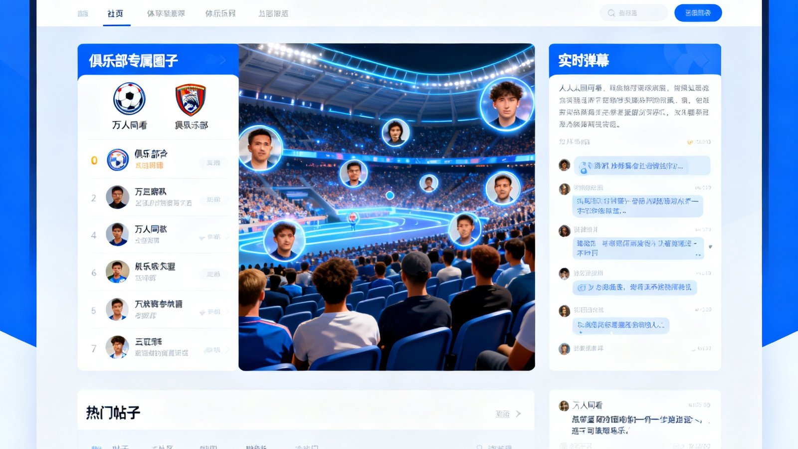 体球网社区页面，俱乐部专属圈子、弹幕功能，用户发帖评论互动，万人同看氛围